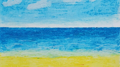 Dipinto di una spiaggia, mare e cielo