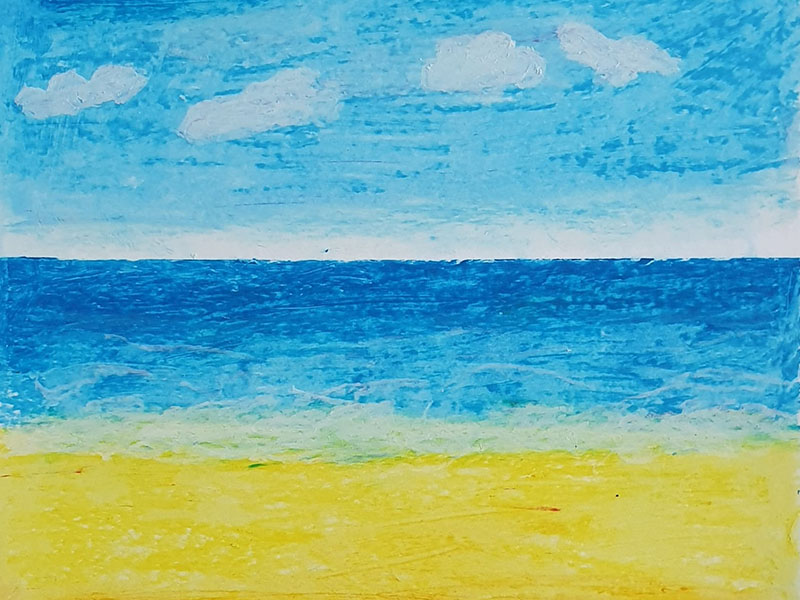 Dipinto di una spiaggia, mare e cielo